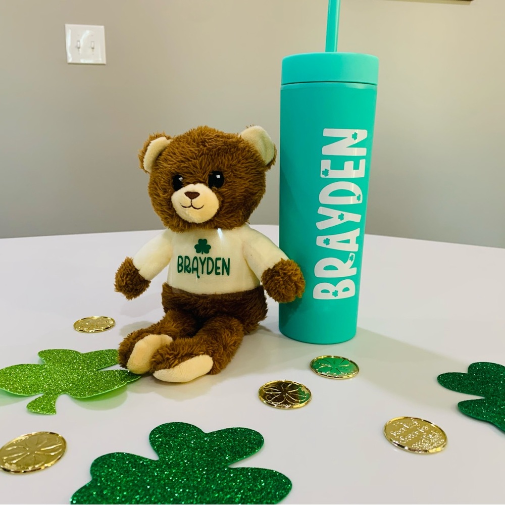 Personalized St. Patrick’s Day Straw cup  and teddy bear